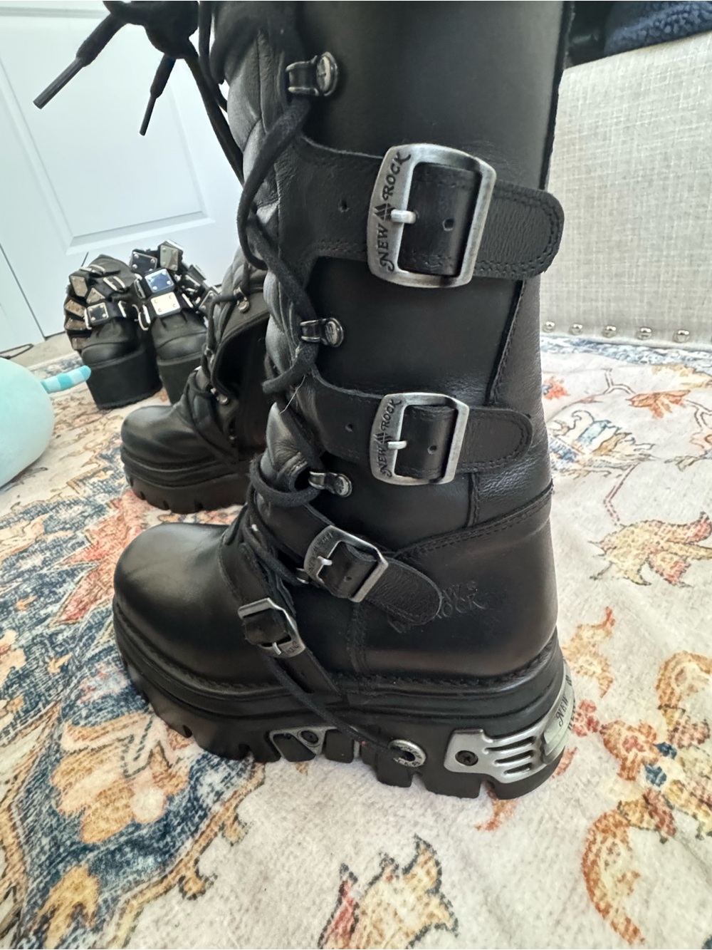 Women’s Black Lace-Up Buckle Combat Boots - Picture 3 of 6